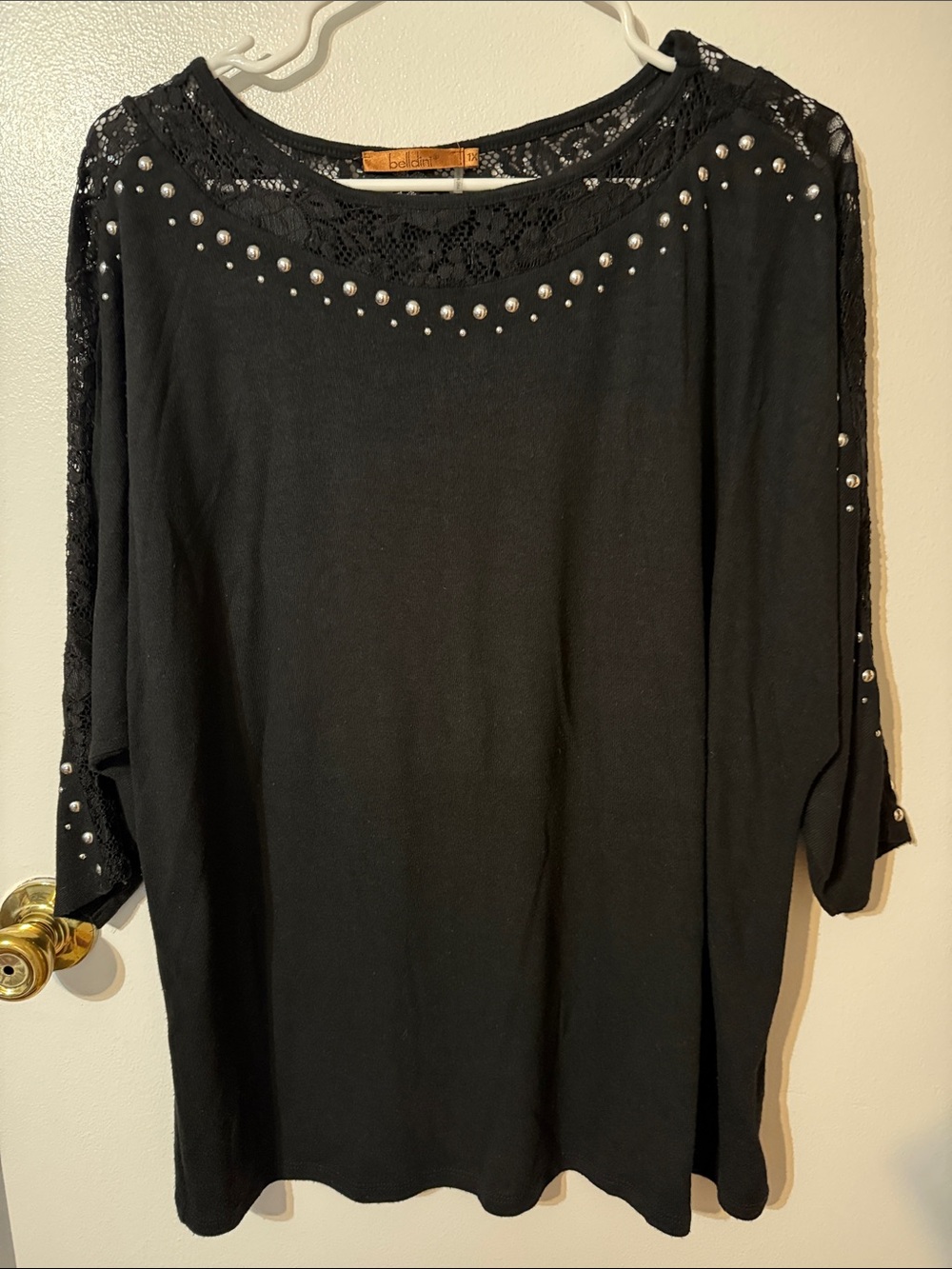 Belldini Black Lace-Trim Studded Women's Top